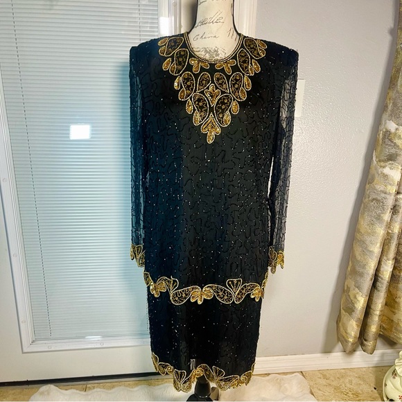 Brilliante By JA 90’s Formal Evening Beaded Sequin Silk Black Gold Dress Sz XL - Picture 1 of 14
